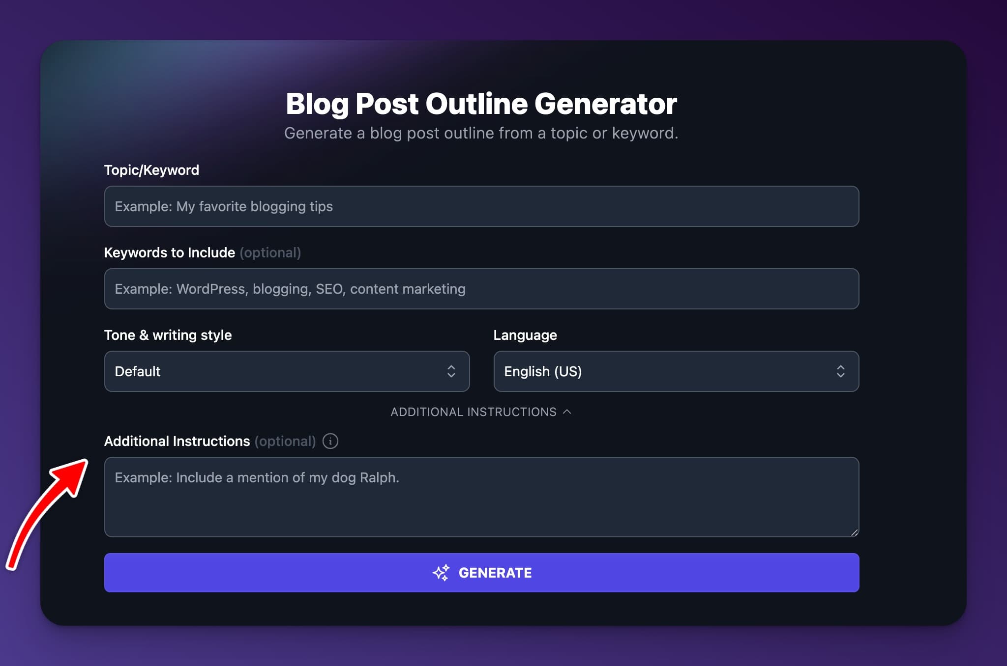 Additional Instructions field in RIghtBlogger