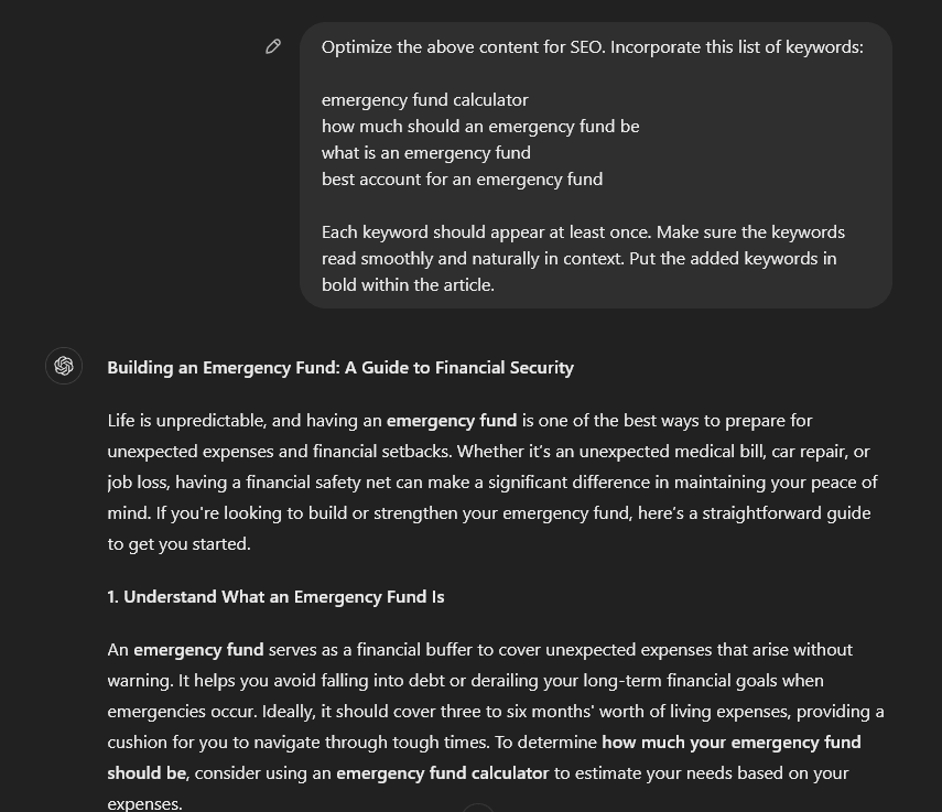 ChatGPT prompt incorporating keywords into a blog post