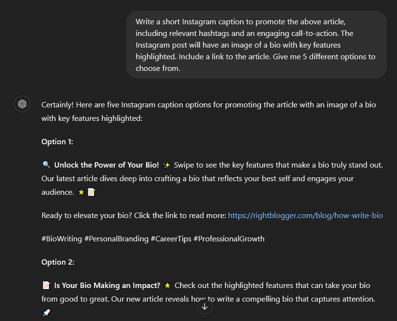 ChatGPT prompt to write Instagram (or Pinterest) posts to promote a blog post