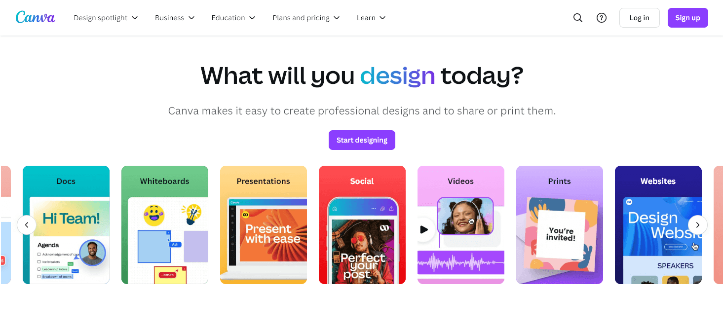 Homepage of the AI content creation tool Canva