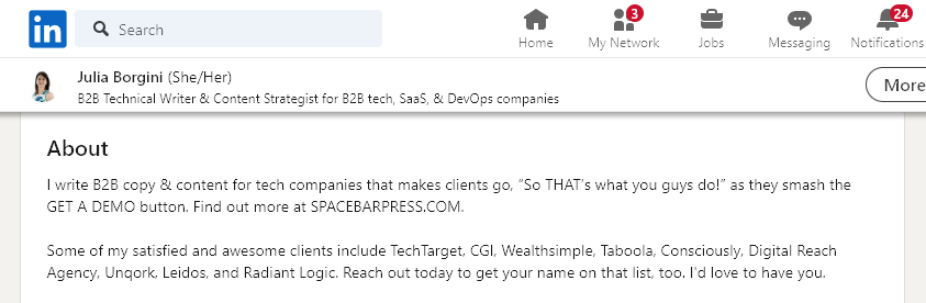 Personal Bio Example from Julia Borgini on LinkedIn