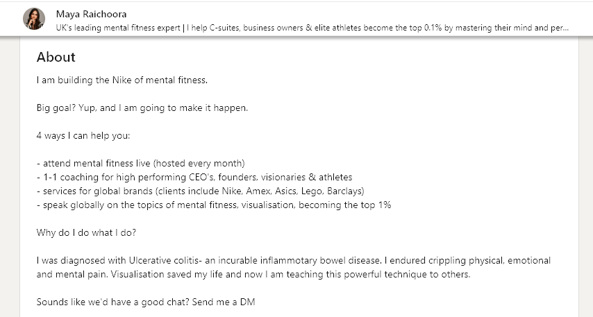 Personal Bio Example from Maya Raichoora on LinkedIn