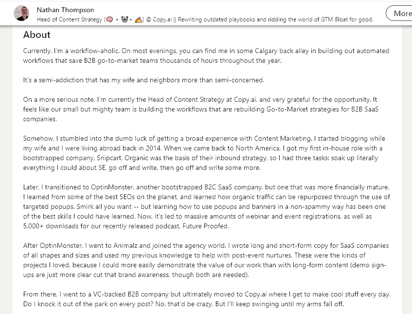 Personal Bio Example from Nathan Thompson on LinkedIn