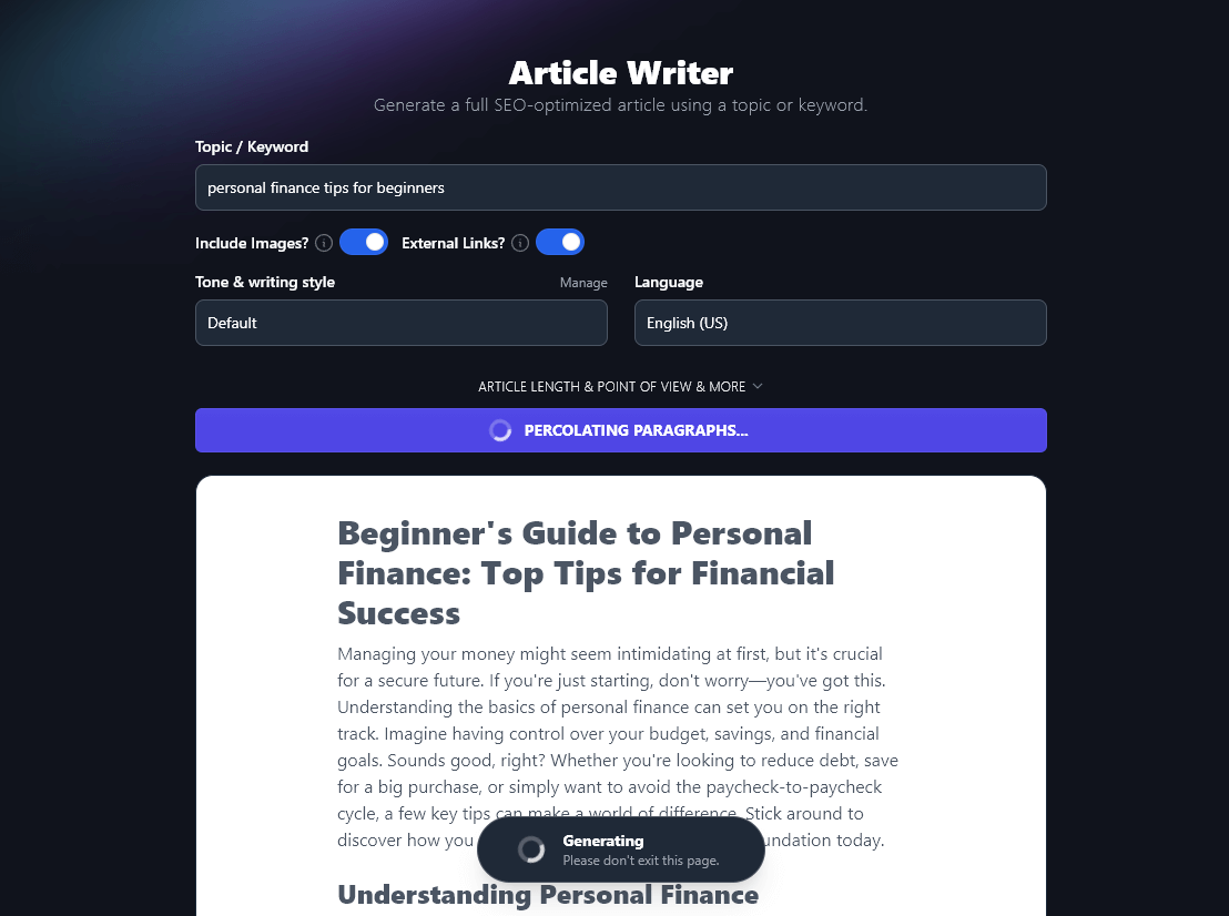 RightBlogger's Article Writer tool in action