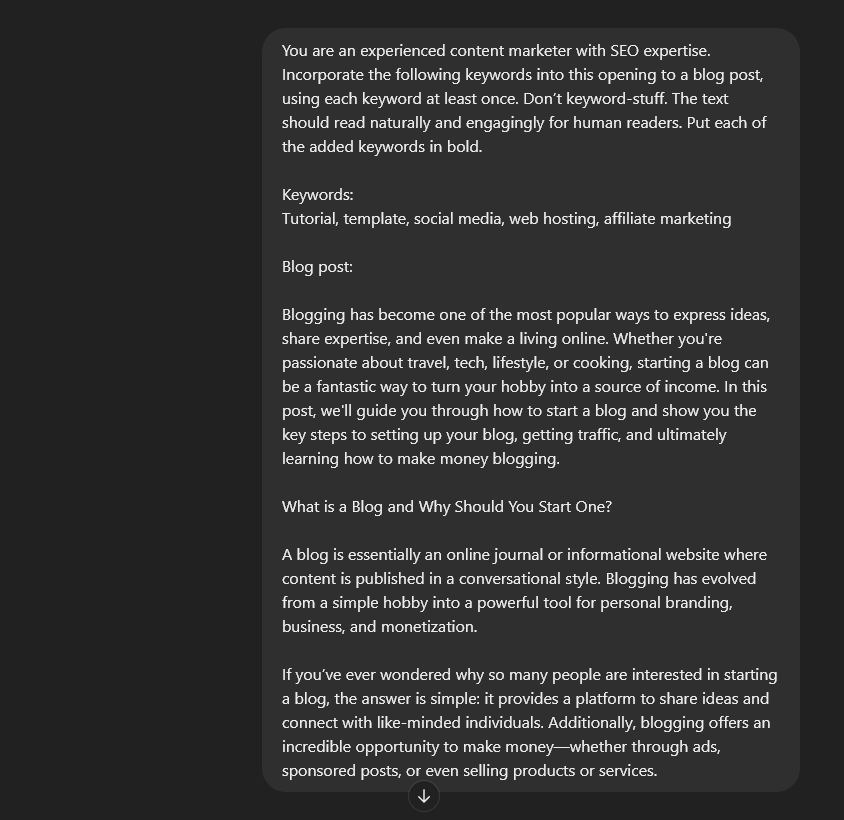 ChatGPT editing prompt asking ChatGPT to add a list of keywords into a passage from a blog post