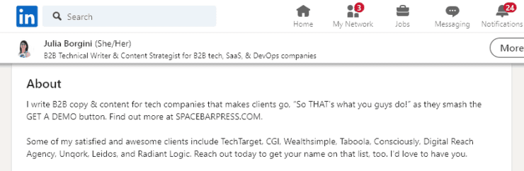 Personal Bio Example from Julia Borgini on LinkedIn