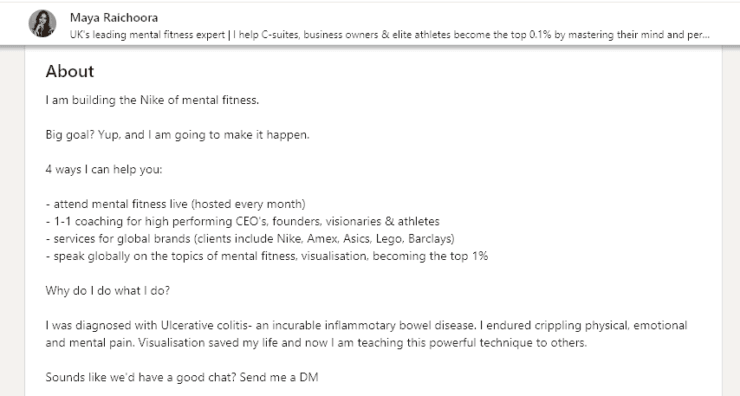 Personal Bio Example from Maya Raichoora on LinkedIn
