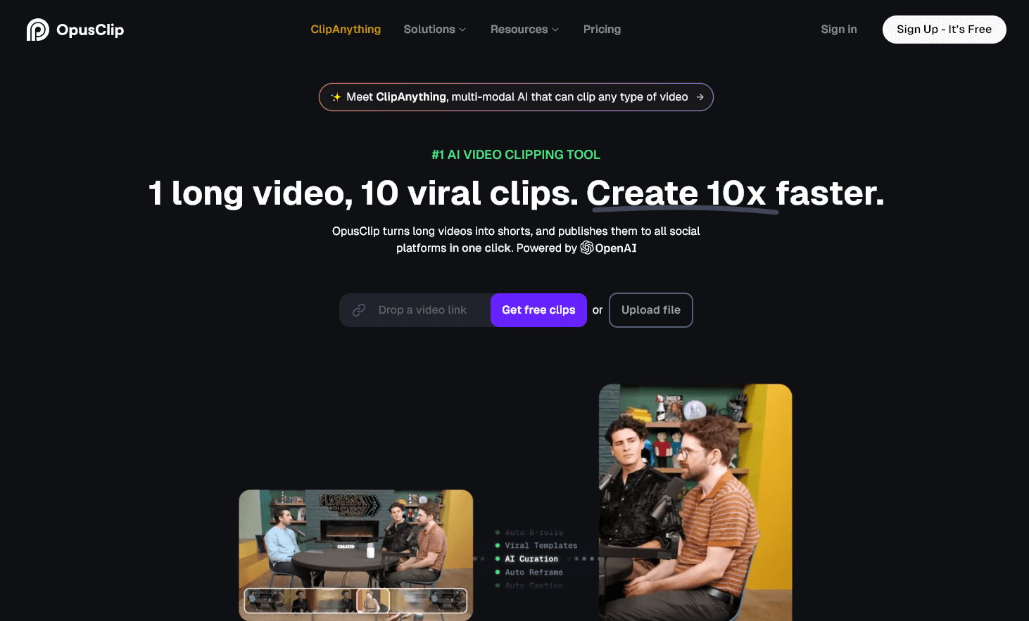 Homepage of the AI content creation tool OpusClip