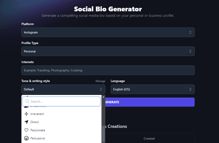 RightBlogger Social Bio Generator, with the Tone & writing style dropdown showing