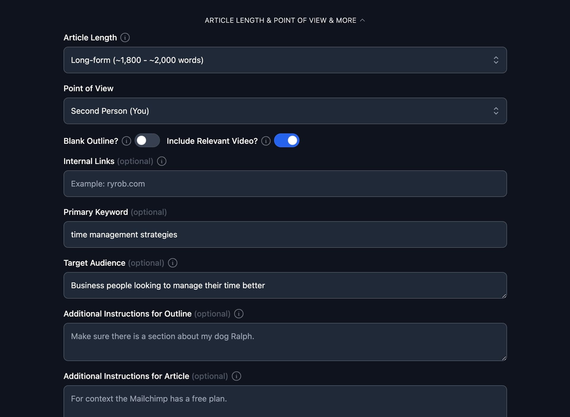 Additional options in article writer