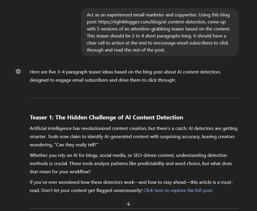 An example AI email prompt in ChatGPT to craft a teaser for your latest blog post.