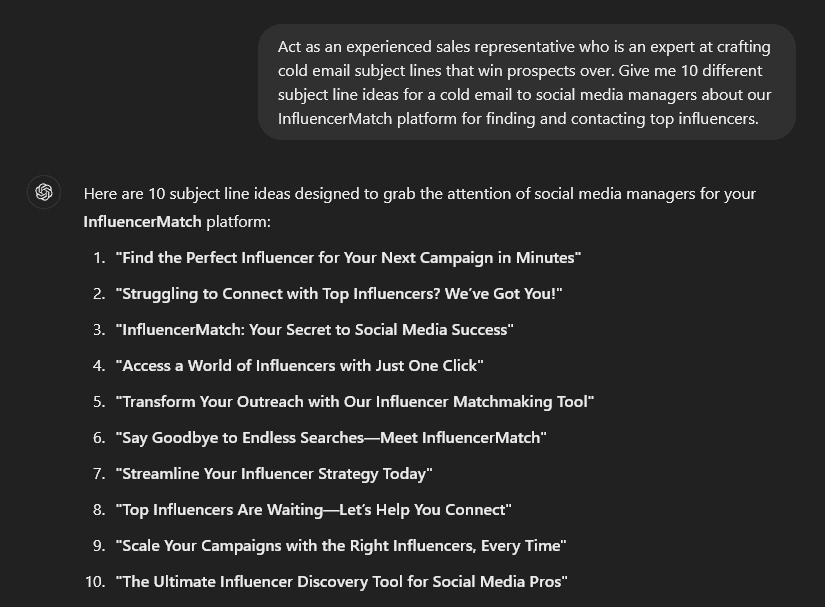 An example AI email prompt in ChatGPT to come up with cold email subject lines.