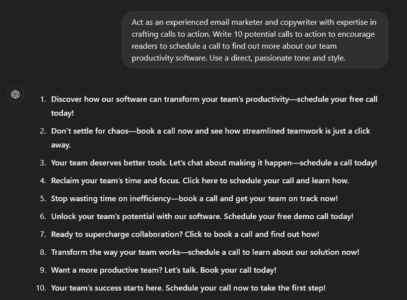 An example AI email prompt in ChatGPT to craft CTAs for a specific purpose.