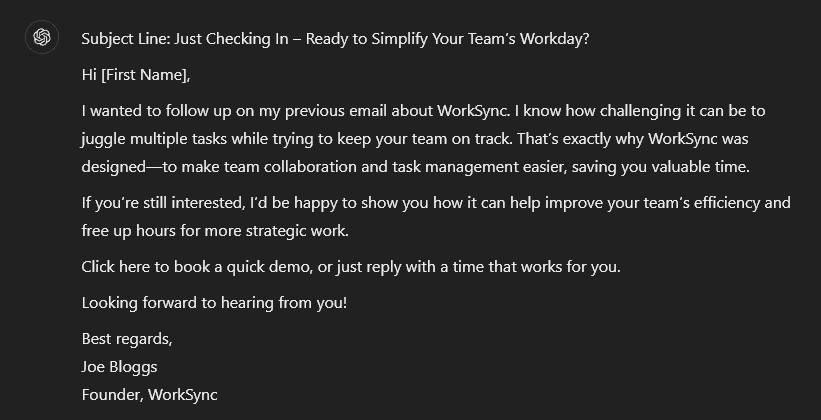 An example AI email prompt in ChatGPT to follow up on a cold email that went unanswered.