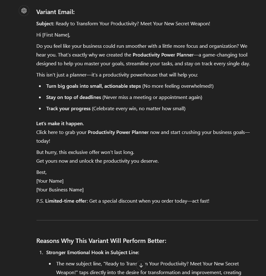 An example AI email prompt in ChatGPT to create a variant of an existing email.
