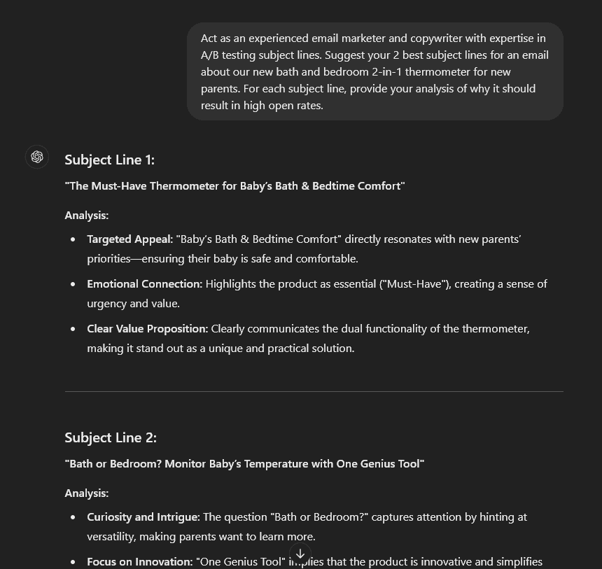 An example AI email prompt in ChatGPT to create 2 subject lines for A/B testing.