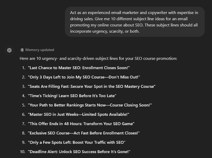 An example AI email prompt in ChatGPT to craft urgency or scarcity driven subject lines.
