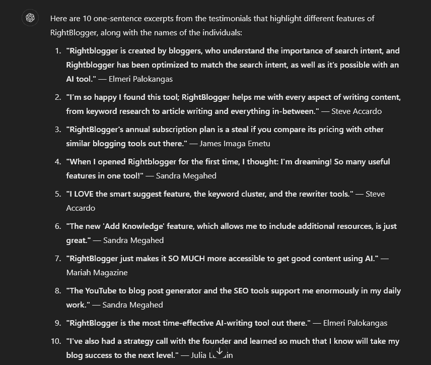 An example AI email prompt in ChatGPT to extract social proof from testimonials to use in your emails.