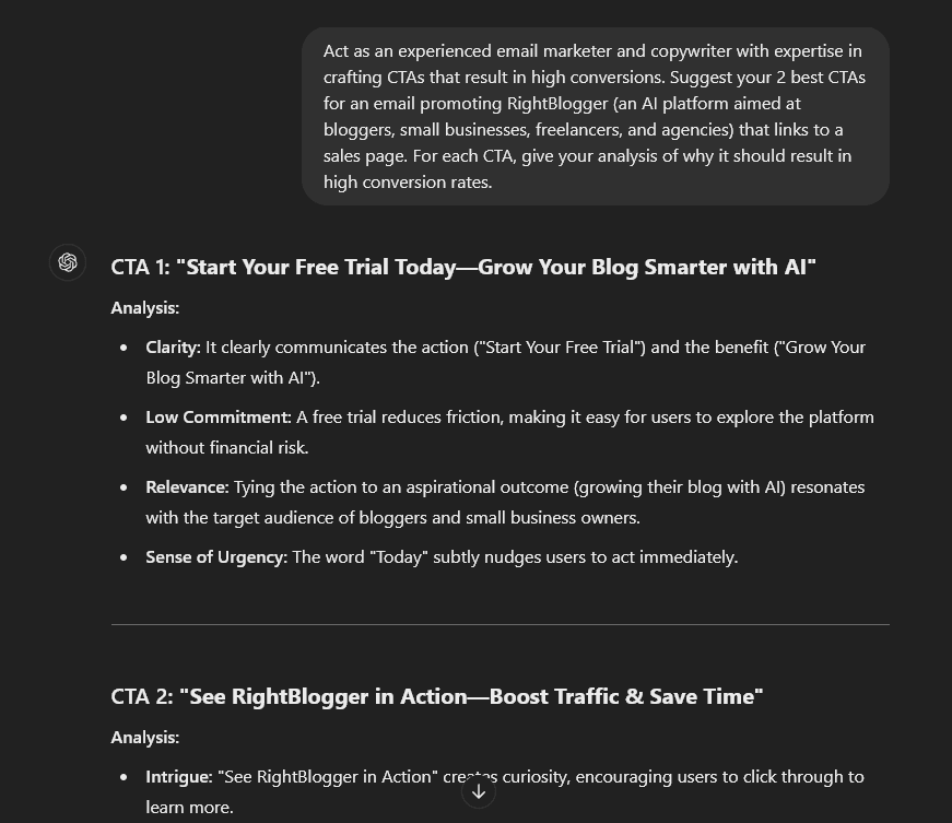 An example AI email prompt in ChatGPT to write 2 high-converting CTAs for A/B testing.