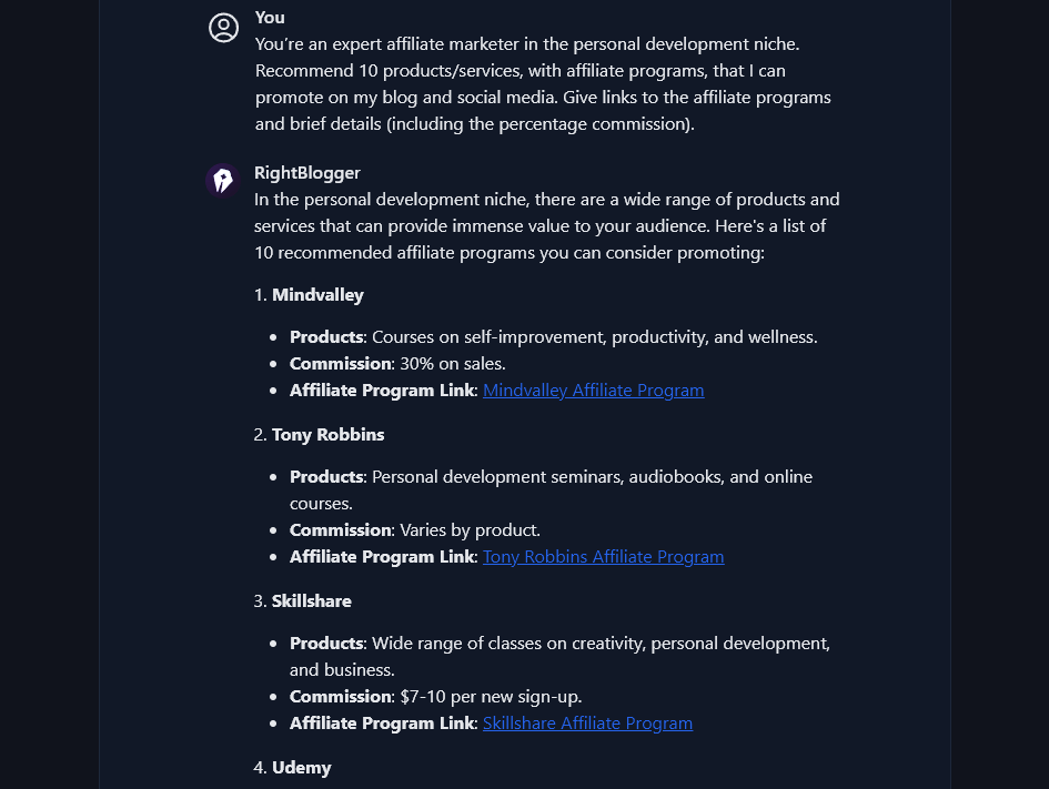 An example of RightBlogger Chat offering a list of affiliate programs to help you make money from affiliate marketing