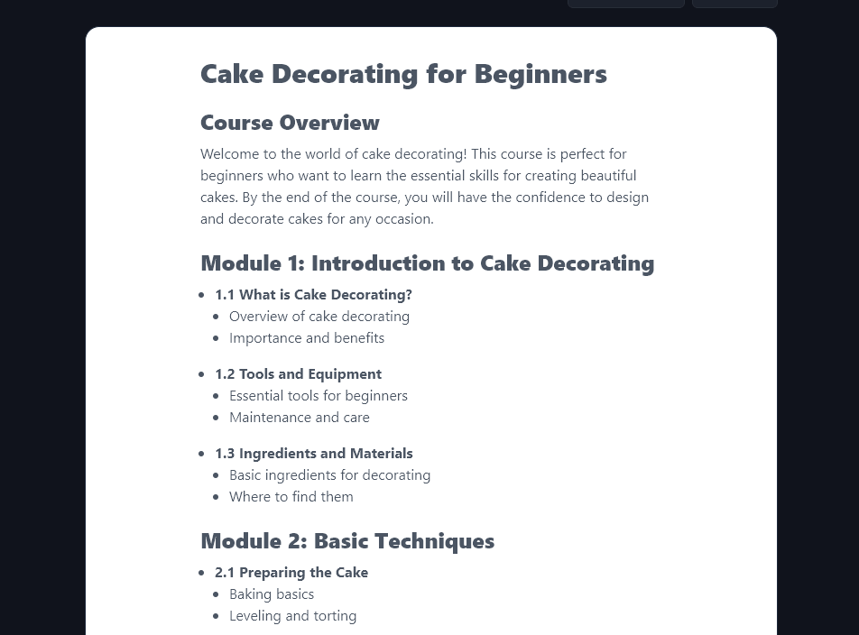 The Course Outline tool coming up with an outline for a cake decorating course to make money from an online course