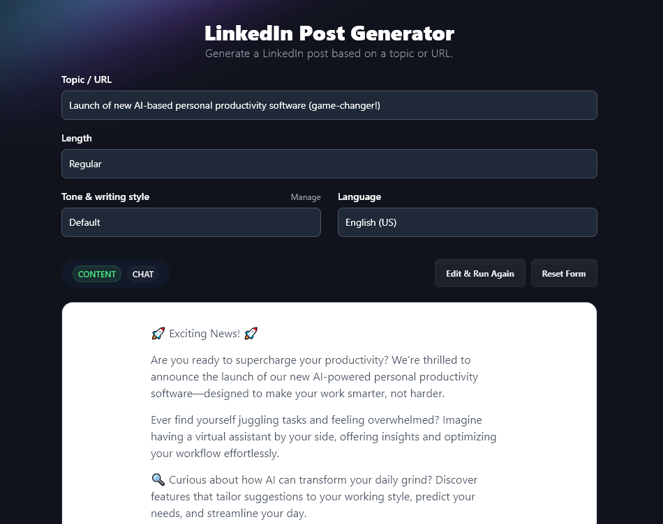 RightBlogger's LinkedIn post generator, creating a software product launch post for LinkedIn