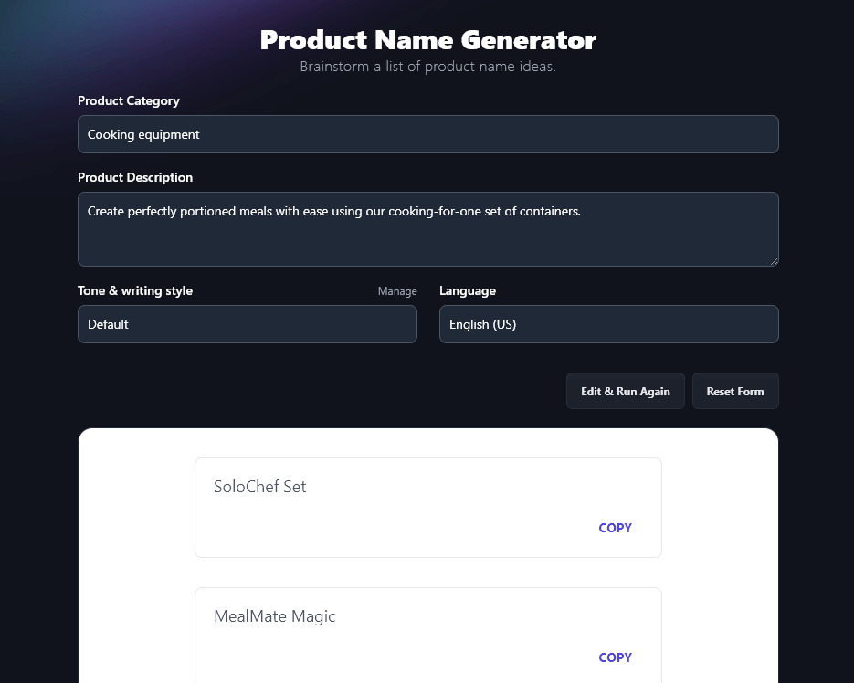 The RightBlogger product name generator producing potential names for a new product