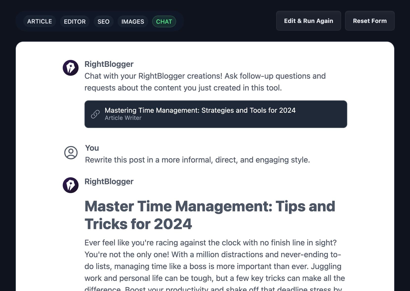 Chatting with content created in the article writer