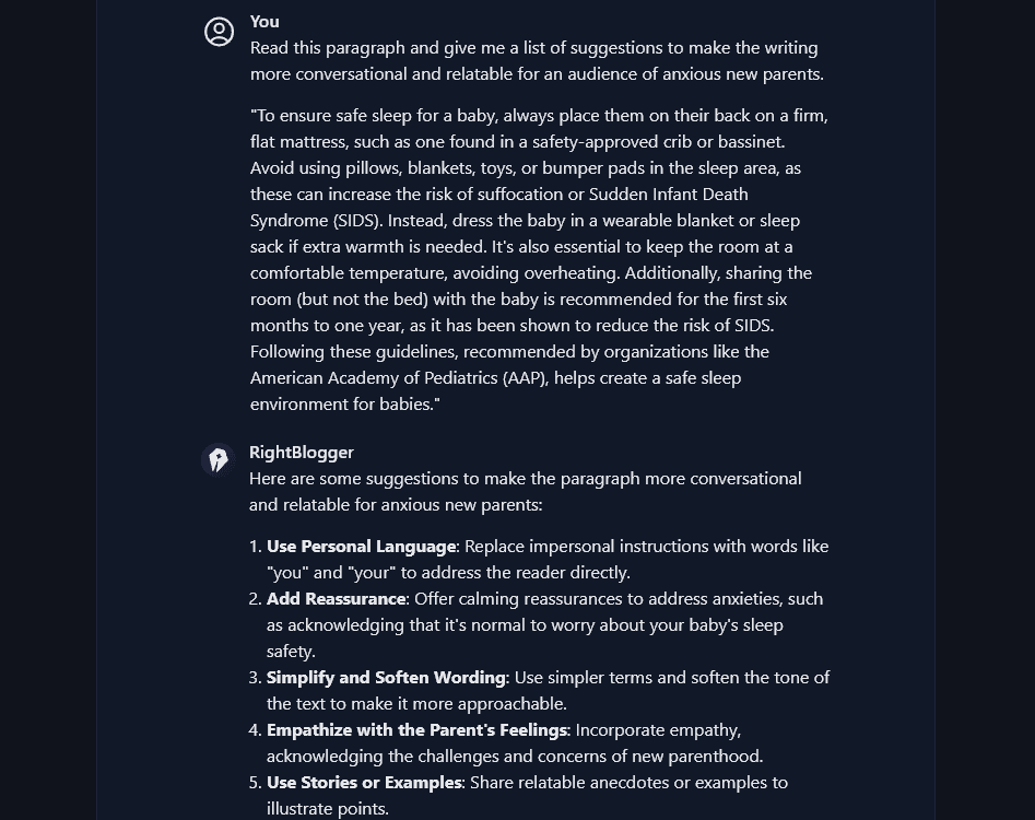The RightBlogger chat tool in action, helping you improve content with AI