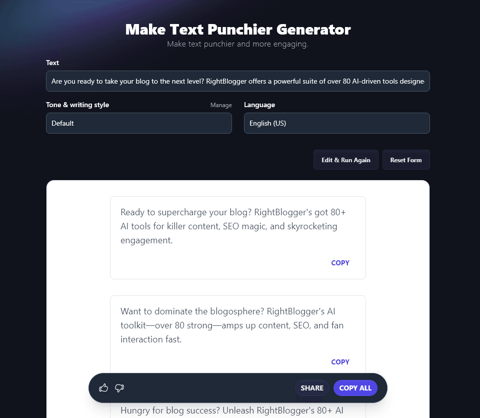 RightBlogger's Make Text Punchier Tool that helps you improve content with AI
