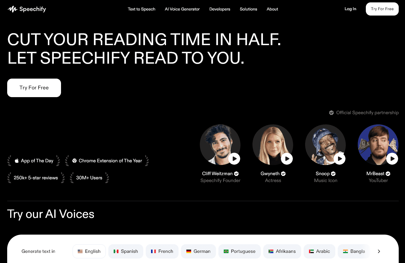 The Speechify home page for the text-to-speech productivity tool Speechify