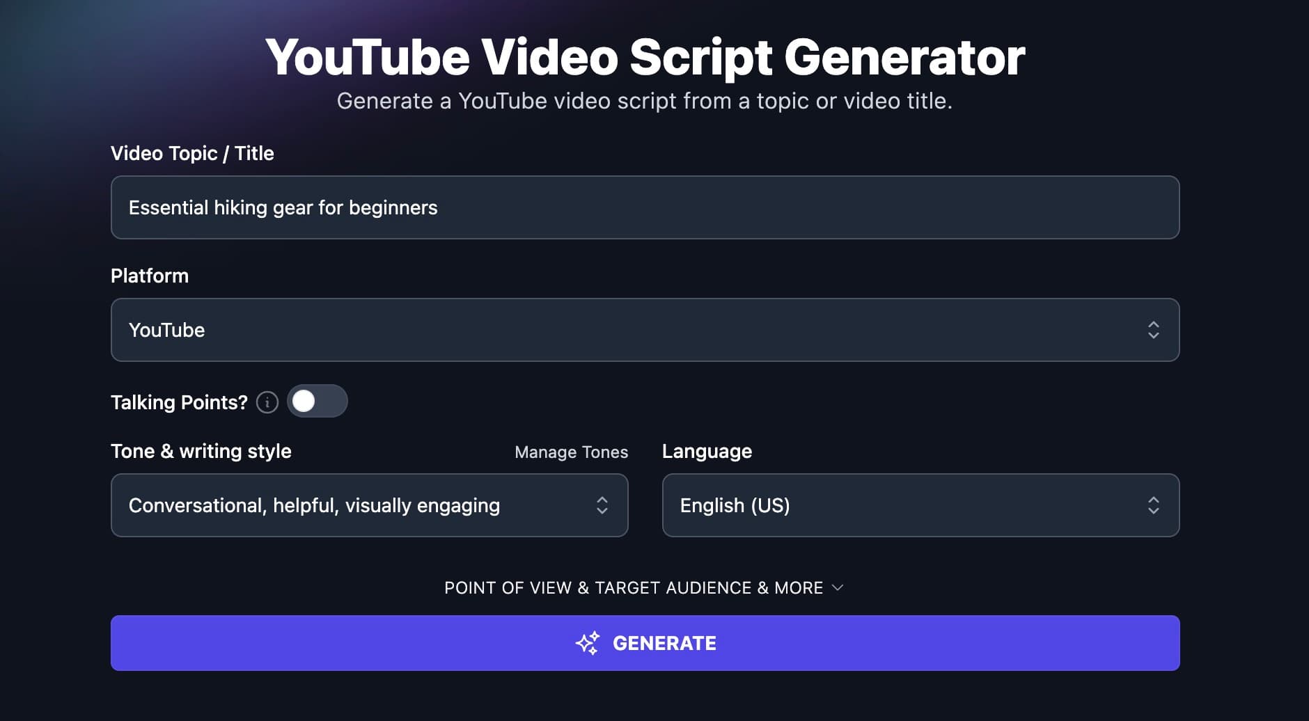 Video script generator screenshot