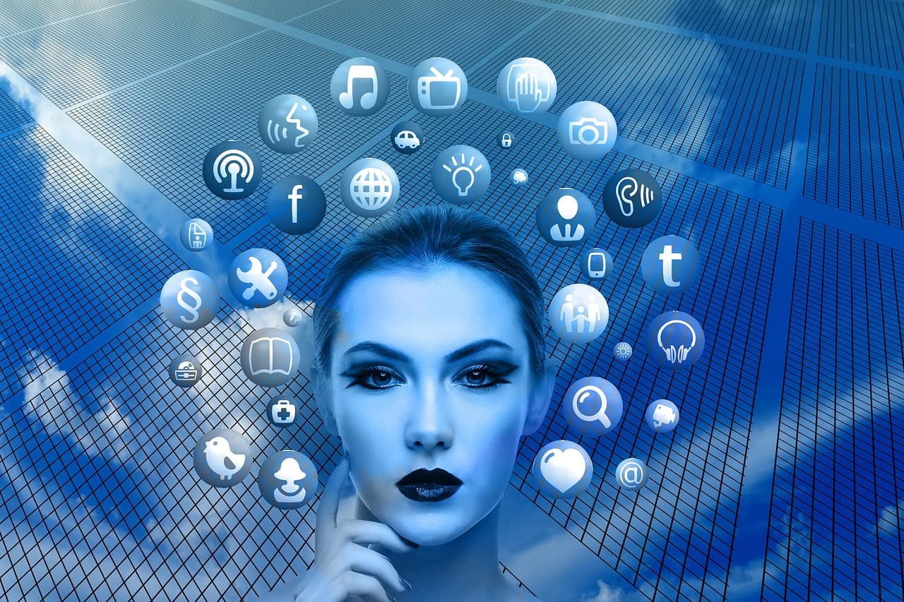 AI Analyzing Future Trends (Women's Face in Blue, Surrounded by Logos and Icons)