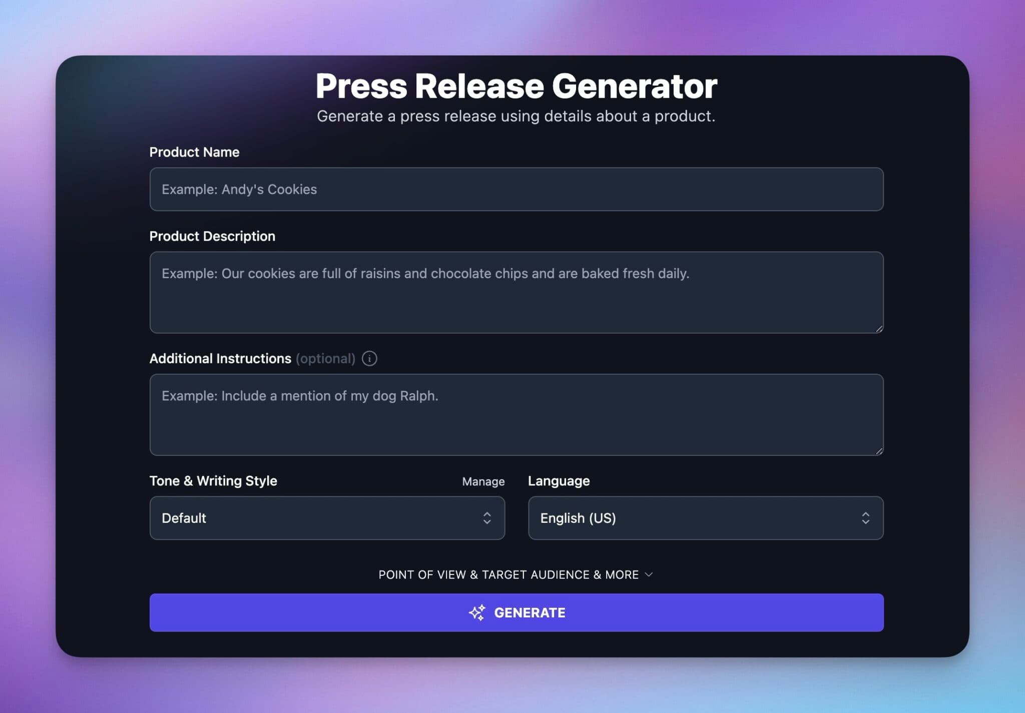 Press Release Generator Tool screenshot