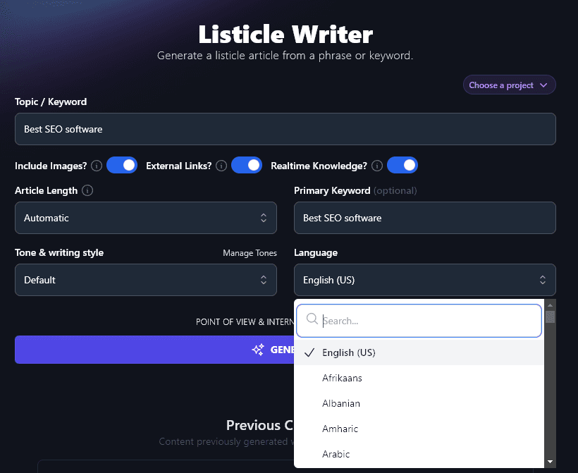 The Language Dropdown in the  RightBlogger Listicle Writer Tool