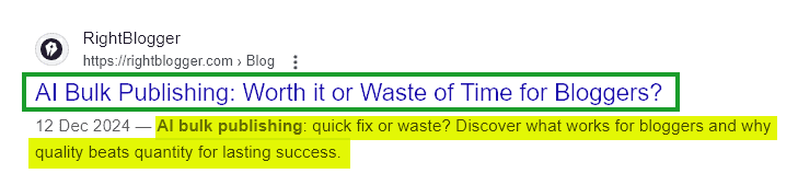 Google Search Result Showing the Meta Title and Meta Description of the Blog Post in Google's SERP