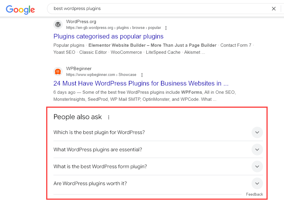 The People Also Ask Box Appearing in a Google Search for Best WordPress Plugins