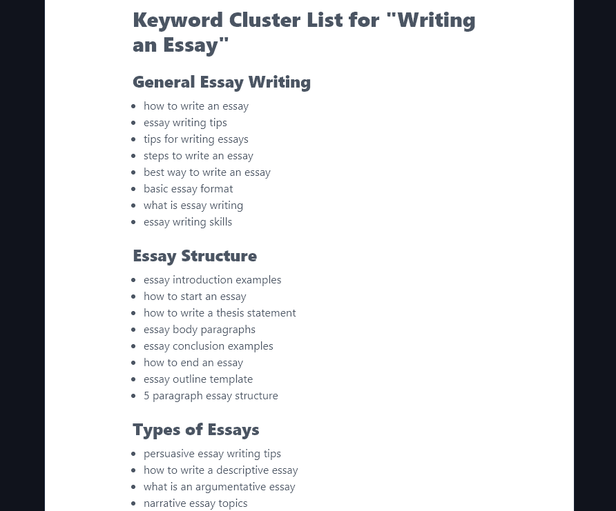 An Example Keyword Cluster List Generated Using the SEO Keyword Cluster Tool 