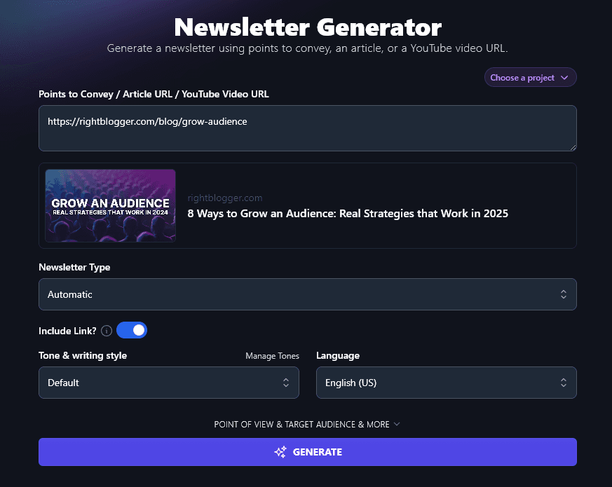 Entering a URL into the AI Newsletter Generator Tool