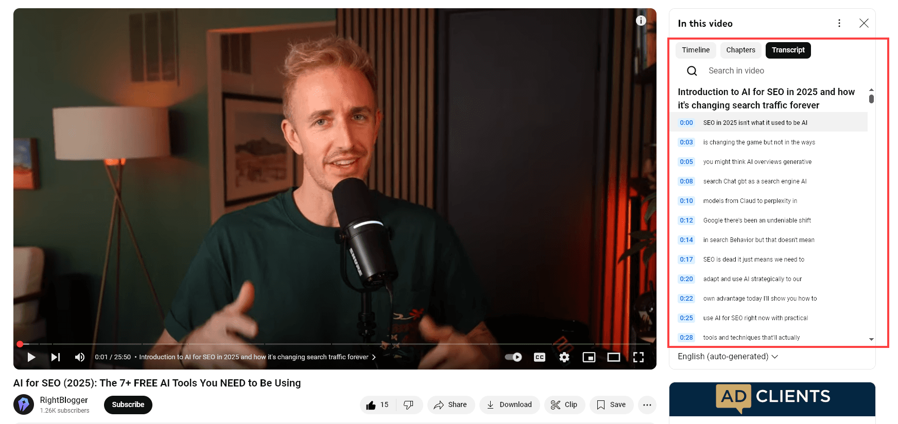 An Example of a YouTube Transcript, Shown Alongside the YouTube Video