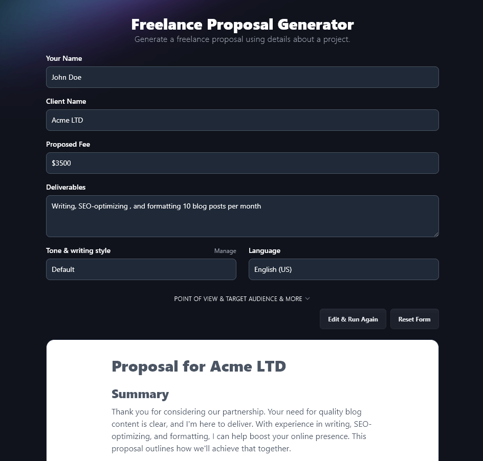 A freelance proposal created with RightBlogger's freelance proposal generator