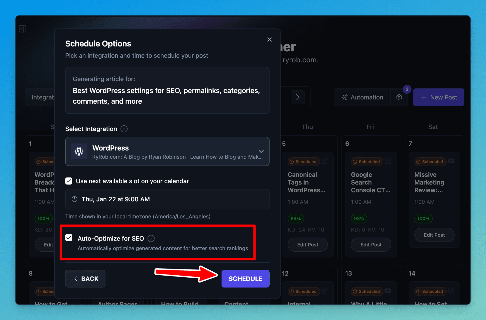 Sending New Blog Content with AI SEO Optimization to Content Schedule
