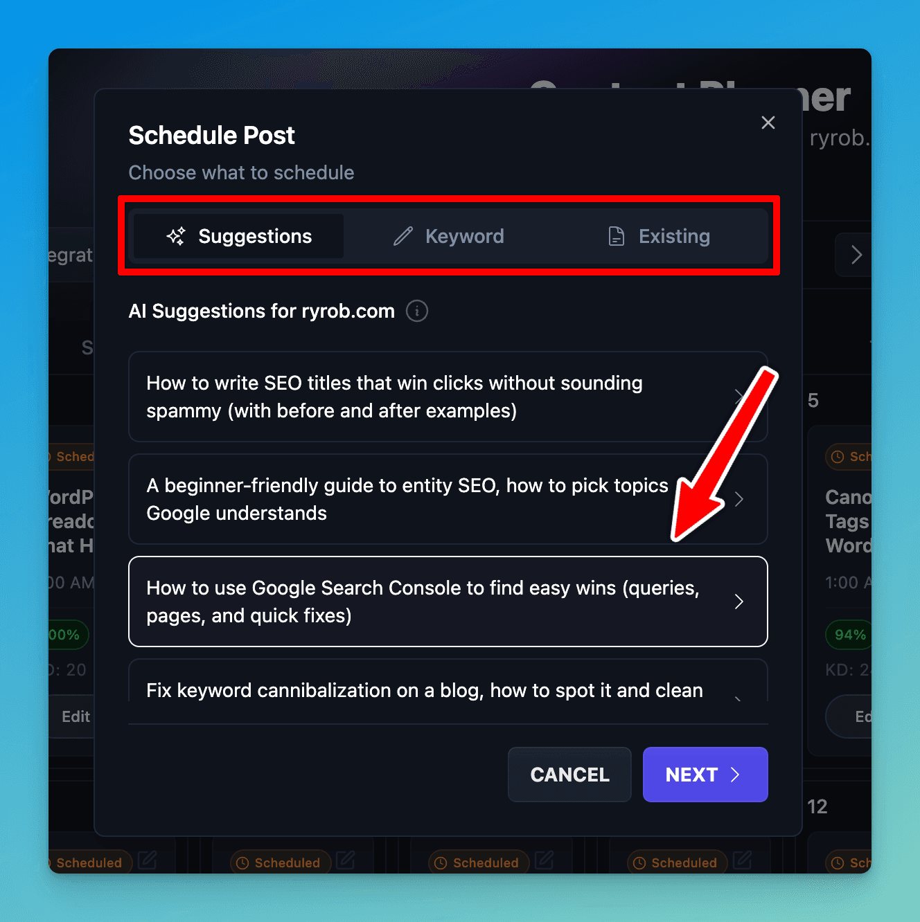 Choosing AI Blog Idea Suggestions in the Content Planner