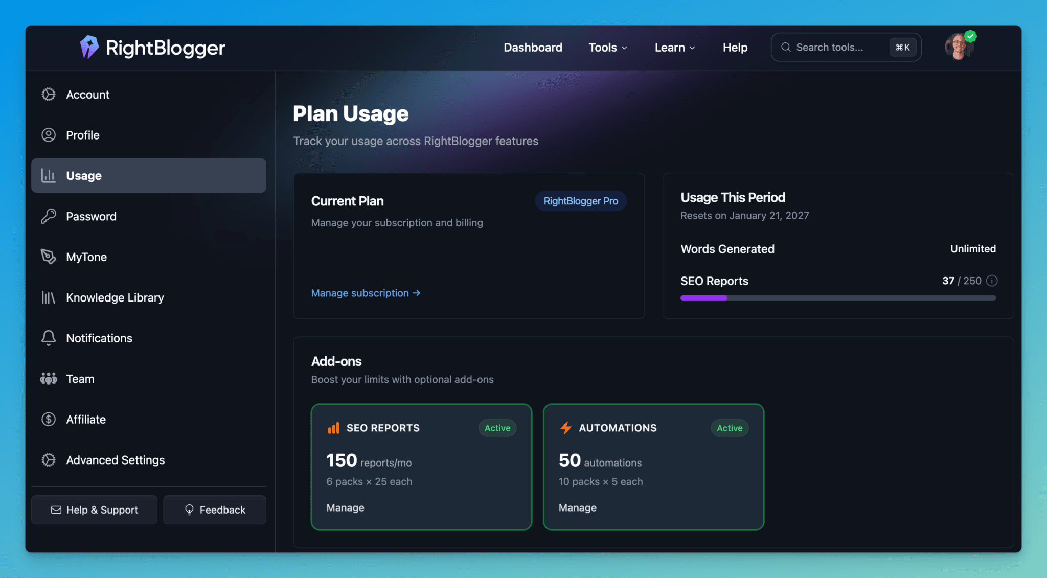 Usage and SEO Report Credit Management in RightBlogger