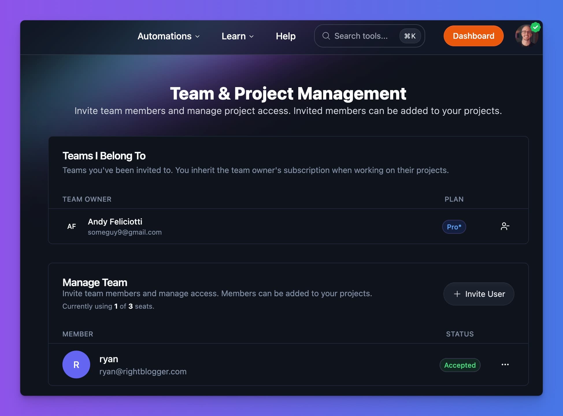 RightBlogger Teams Menu Area