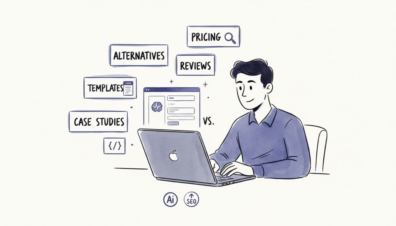Hand-drawn editorial illustration of a marketer at a desk with a laptop showing an AI writing interface, surrounded by six floating content cards labeled Alternatives, Pricing, Reviews, Vs, Templates, and Case Studies, featuring subtle SEO icons on a clean light background.