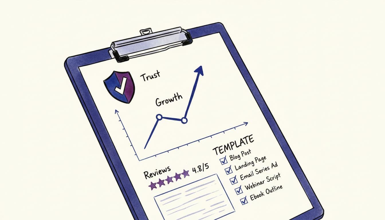 Hand-drawn editorial illustration of a case study dashboard sketched on a clipboard, featuring an upward trend line, star ratings for reviews, a 'Template' checklist, and a trust motif like a shield or check for credibility. Limited palette of deep blues, purples, and blacks with high contrast on a light background, in a modern SaaS/SEO style.