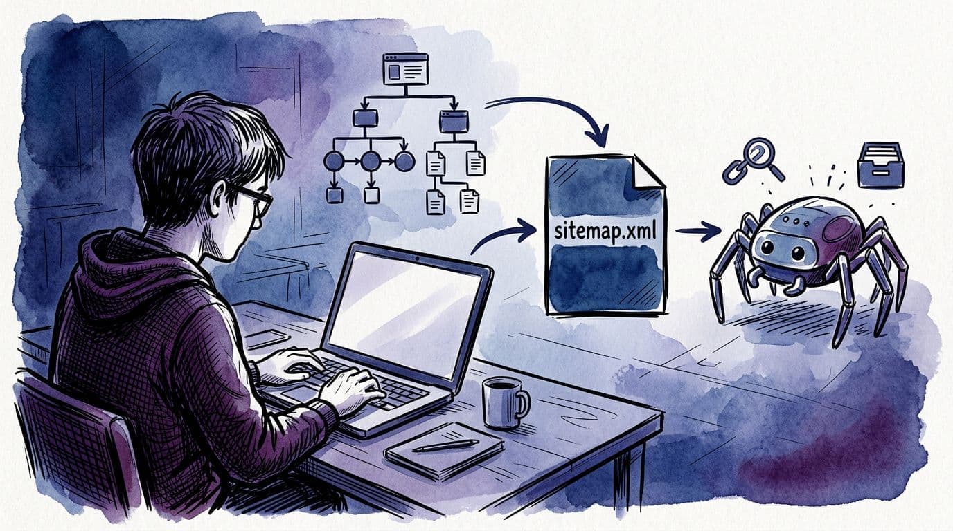 Hand-drawn sketchy ink and watercolor illustration of a blogger at a laptop with a website tree flowing into sitemap.xml icon, arrows to Googlebot crawler, and cues for discover and index.