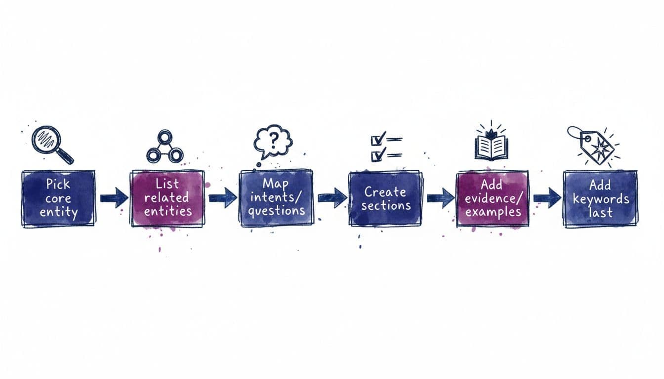 A sketchy ink illustration with watercolor washes in deep blues and purples, depicting a flowchart blueprint for SEO content creation: picking core entities, mapping intents, creating sections, and adding keywords. Features simple icons like magnifying glasses and checklists in a modern technical doodle style.