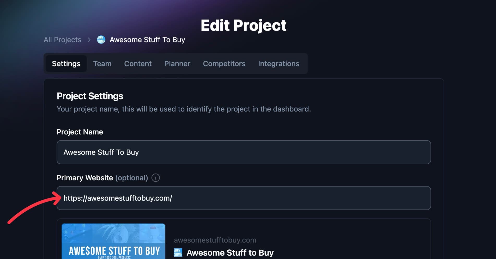 Primary Website field in RightBlogger project settings